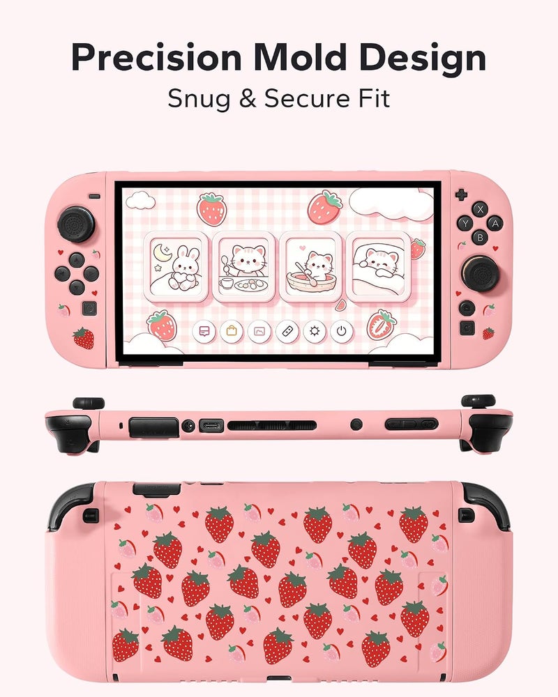 Jemdo Textured Grip Protective Case Compatible with Nintendo Switch 2 (2025) - Cute Pink Strawberry Design, Matte Shockproof TPU Shell with Anti-Slip Handles, Ergonomic & Comfort Slim Back Cover - Image 4
