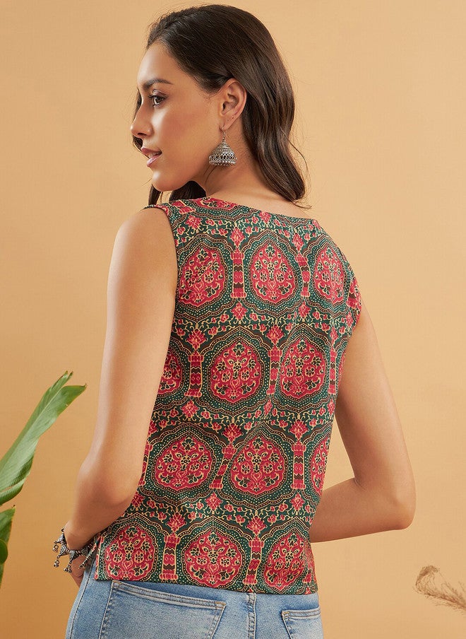 InWeave بلوزة نسائية بياقة دائرية مزينة بزخارف عرقية - Image 4