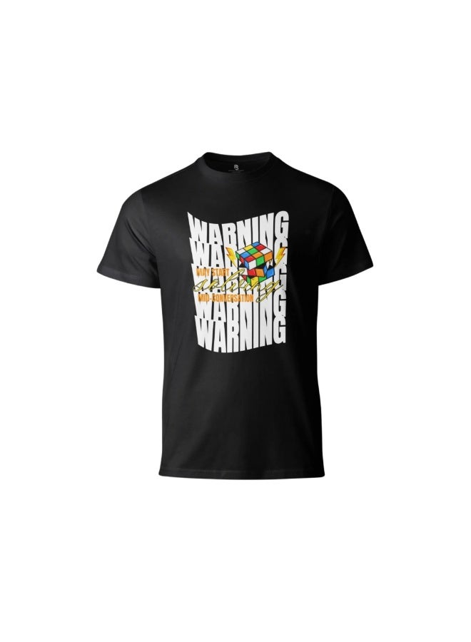 Cubuzzle Warning Graphic Printed Cotton T-Shirt Casual Sportswear Black S - Image 1