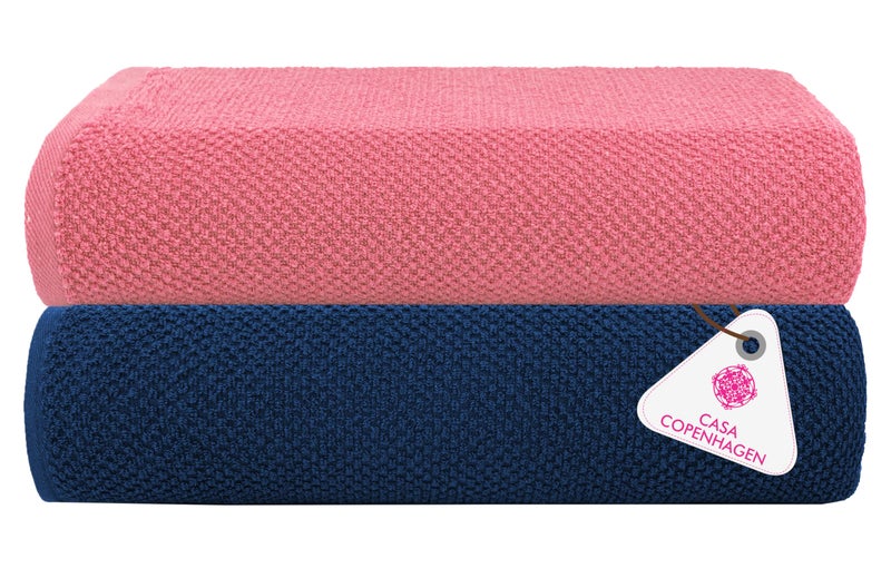 CASA COPENHAGEN Casa Copenhagen Designed in Denmark - Popcorn Super Soft 2 Pieces 100% Cotton Large Bath Towel (Size : 75 X 150 cm) - Navy & Pink  - Image 1