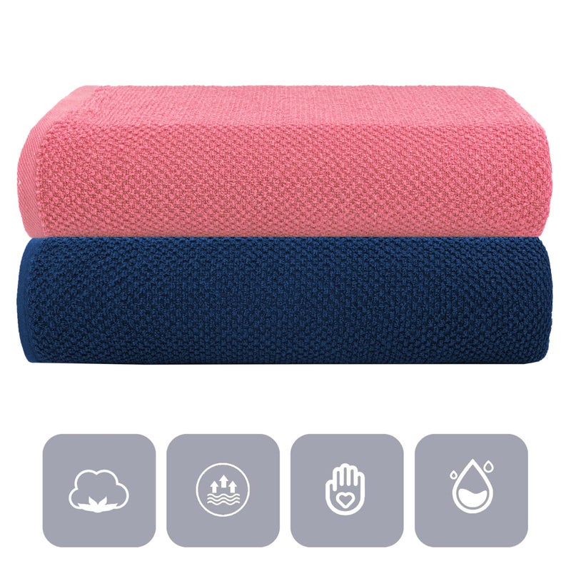 CASA COPENHAGEN Casa Copenhagen Designed in Denmark - Popcorn Super Soft 2 Pieces 100% Cotton Large Bath Towel (Size : 75 X 150 cm) - Navy & Pink  - Image 2