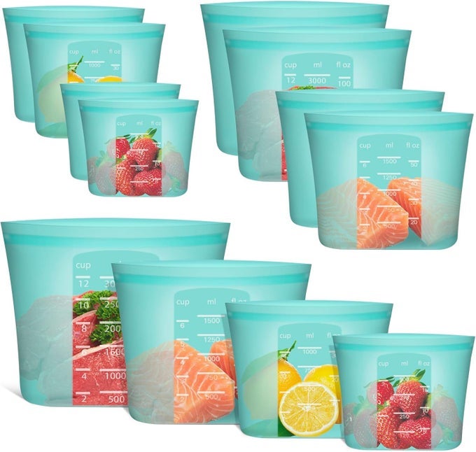 REUSABLE STORAGE BAG 8 PACK 100 SILICONE FOOD STORAGE BAGS STAND UP ZIP LOCK BAGS FOR FOOD CONTAINER FREEZER MICROWAVE OVEN DISHWASHER SAFE 2 XLARGE08 GALLON 2 MEDIUM 2 SMALL 2 XSMALL AQUA