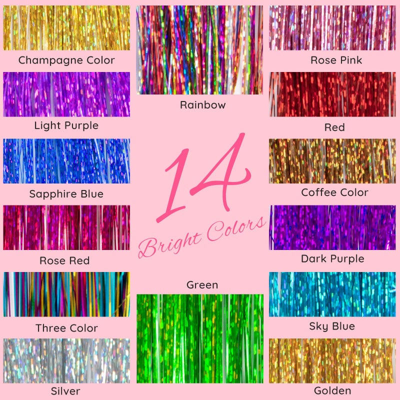 LADYAMZ Clip In Tinsel Hair Extensions 14 Colors, 19.7 Inch Glitter Fairy Hair Tinsel Kit Clips, Sparking Hairpieces Colorful Hair Accessories for Girls Women Kids Gift Party Favors Highlights - Image 2