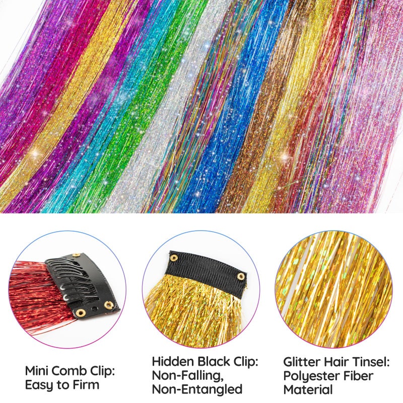 LADYAMZ Clip In Tinsel Hair Extensions 14 Colors, 19.7 Inch Glitter Fairy Hair Tinsel Kit Clips, Sparking Hairpieces Colorful Hair Accessories for Girls Women Kids Gift Party Favors Highlights - Image 4