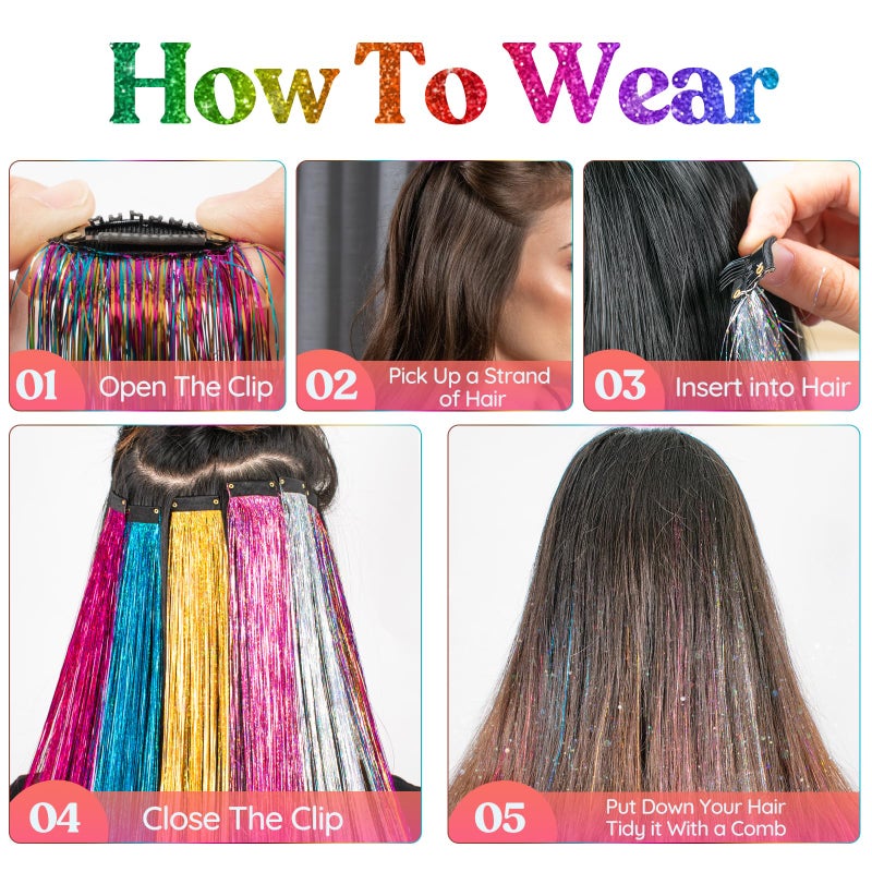 LADYAMZ Clip In Tinsel Hair Extensions 14 Colors, 19.7 Inch Glitter Fairy Hair Tinsel Kit Clips, Sparking Hairpieces Colorful Hair Accessories for Girls Women Kids Gift Party Favors Highlights - Image 5