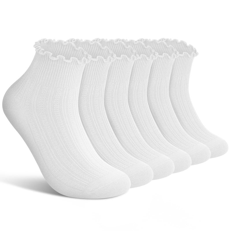 wernies Ruffle Socks Womens 6 Pairs,Cute Ankle Lettuce Edge Frilly Athletic Crew Socks 5-8.5 White - Image 1