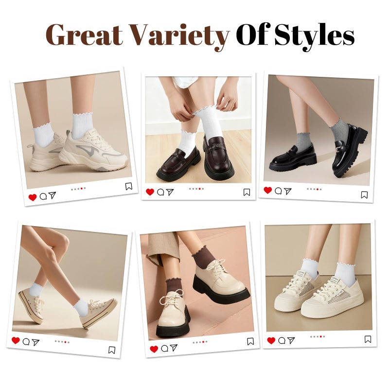 wernies Ruffle Socks Womens 6 Pairs,Cute Ankle Lettuce Edge Frilly Athletic Crew Socks 5-8.5 White - Image 5