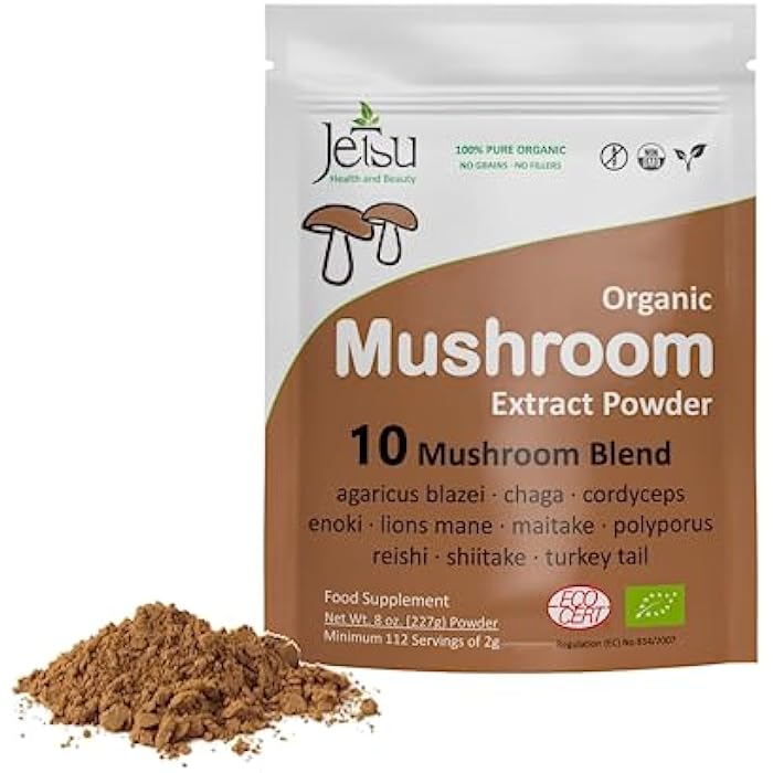Jetsu Mushroom Extract Powder - Powerful 10 Blend, Organic Lions Mane, Cordyceps, Reishi, Shiitake, Turkey Tail Mushrooms Nootropic Brain Supplement for Energy, Calm, Focus & Immune System Booster - Image 1