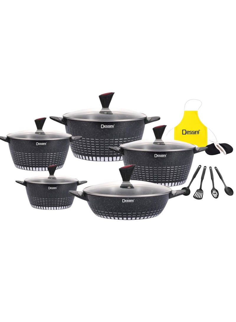 Dessini 17-Piece Granite Cookware Set with Glass Lids & Cooking Tools – Non-Stick Pots and Pans Black