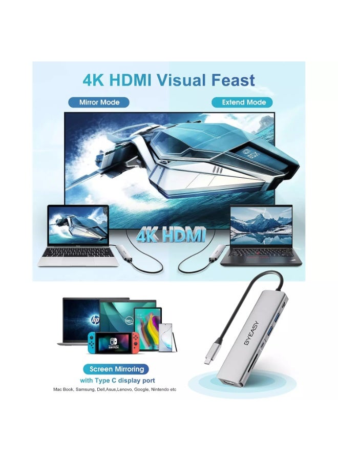 باى يزى موزع USB-C، موزع USB-C 7 في 1 مع منفذ HDMI بدقة 4K بمعدل 30 هرتز، قارئ بطاقات SD/TF، ​​توصيل طاقة 100 واط، كابل بطول 30 سم، محول USB فائق النحافة متوافق مع أجهزة الكمبيوتر المحمولة وغيرها من أجهزة النوع C - Image 3