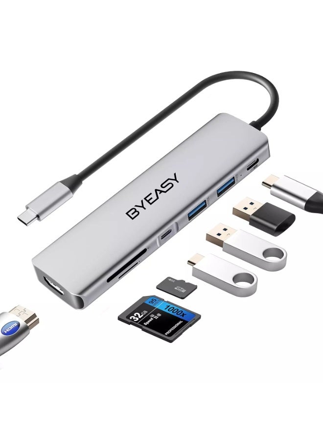 باى يزى موزع USB-C، موزع USB-C 7 في 1 مع منفذ HDMI بدقة 4K بمعدل 30 هرتز، قارئ بطاقات SD/TF، ​​توصيل طاقة 100 واط، كابل بطول 30 سم، محول USB فائق النحافة متوافق مع أجهزة الكمبيوتر المحمولة وغيرها من أجهزة النوع C - Image 1