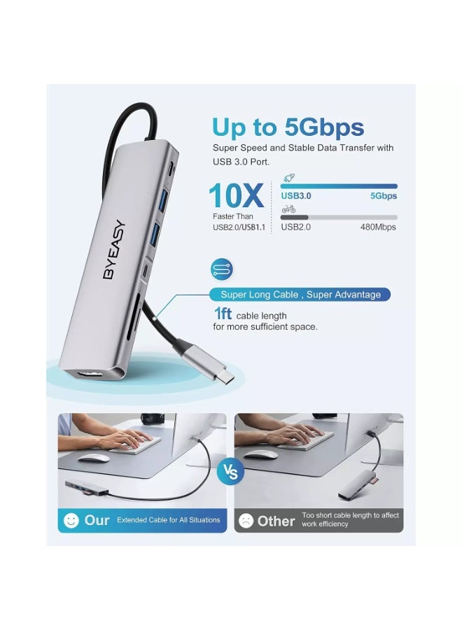 باى يزى موزع USB-C، موزع USB-C 7 في 1 مع منفذ HDMI بدقة 4K بمعدل 30 هرتز، قارئ بطاقات SD/TF، ​​توصيل طاقة 100 واط، كابل بطول 30 سم، محول USB فائق النحافة متوافق مع أجهزة الكمبيوتر المحمولة وغيرها من أجهزة النوع C - Image 4