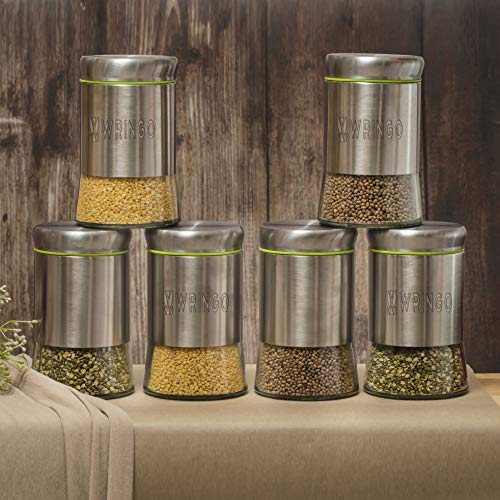 WRINGO 550ml Stainless Steel Canister Glass Jar with Lid,Premium Pantry Organizers Containers and Perfect kitchen Storage for Canning Cereal,Coffee,Sugar,Tea,pasta and Beans Containers set of 6 - Image 1