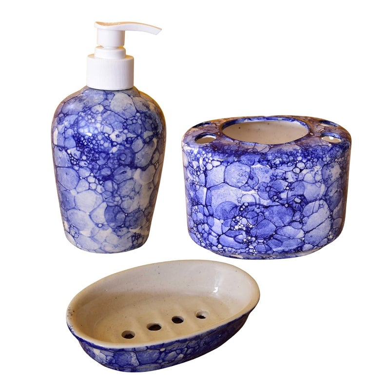 KunhaR Ceramic Bathroom Accessory Set BlueLuster Liquid Soap Dispenser Soap Tray Toothbrush Holder - Image 1