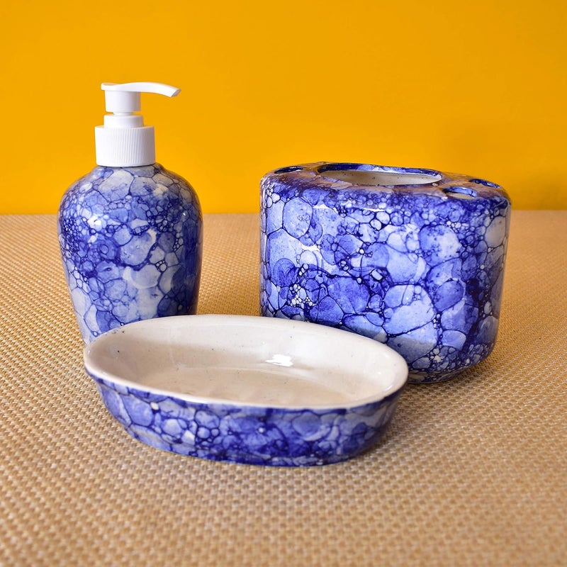 KunhaR Ceramic Bathroom Accessory Set BlueLuster Liquid Soap Dispenser Soap Tray Toothbrush Holder - Image 3