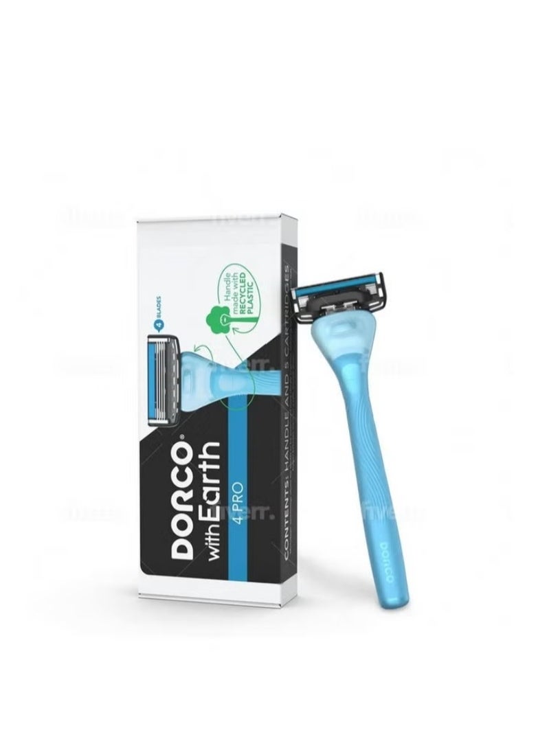 DORCO With Earth Razor With Pace 4 Pro Cartridges • Handle Made From Post Recycled Plastic • Premium Blades For Men And Women Body & Face Shaving • One Handle And 5 Cartridges 