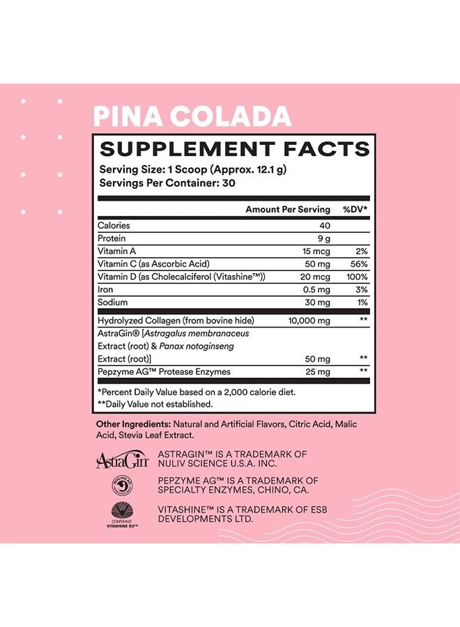 Glow-Getter Collagen Peptides Powder for Women - Grass Fed Bovine Collagen Powder Type I & III for Nail and Hair Growth, Joint Health, Gut Health, & Brighter Skin - 30 Servings, Pina Colada