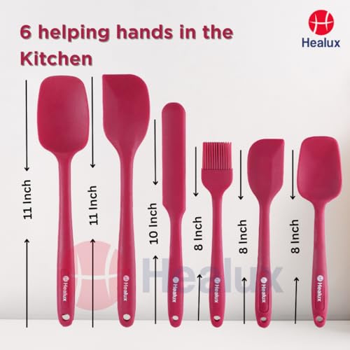 Healux Super Chef Silicone Spatula Set – 6 Pcs | Stainless Steel Core | BPA-Free &100% Food Grade Silicone | Cooking, Sauting, Ladelling, Cake & Dosa Batter Mixing – Wine Red (6) - Image 2