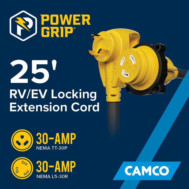 Camco كابل تمديد كامكو باور جريب بطول 25 قدم و30 أمبير مع طرف قفل - مصنف لـ 125 فولت / 3,750 واط - يتميز بحلقة قفل ملولبة لتوصيل مقاوم للعوامل الجوية ورأس كابل RV بزاوية 90 درجة (55501) - Image 2