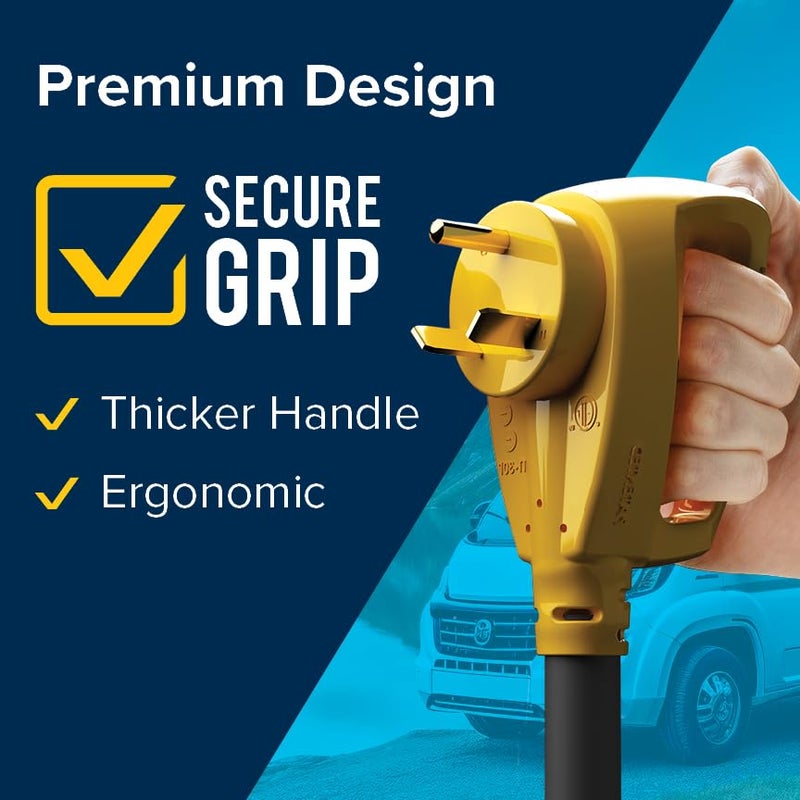 Camco كابل تمديد كامكو باور جريب بطول 25 قدم و30 أمبير مع طرف قفل - مصنف لـ 125 فولت / 3,750 واط - يتميز بحلقة قفل ملولبة لتوصيل مقاوم للعوامل الجوية ورأس كابل RV بزاوية 90 درجة (55501) - Image 5