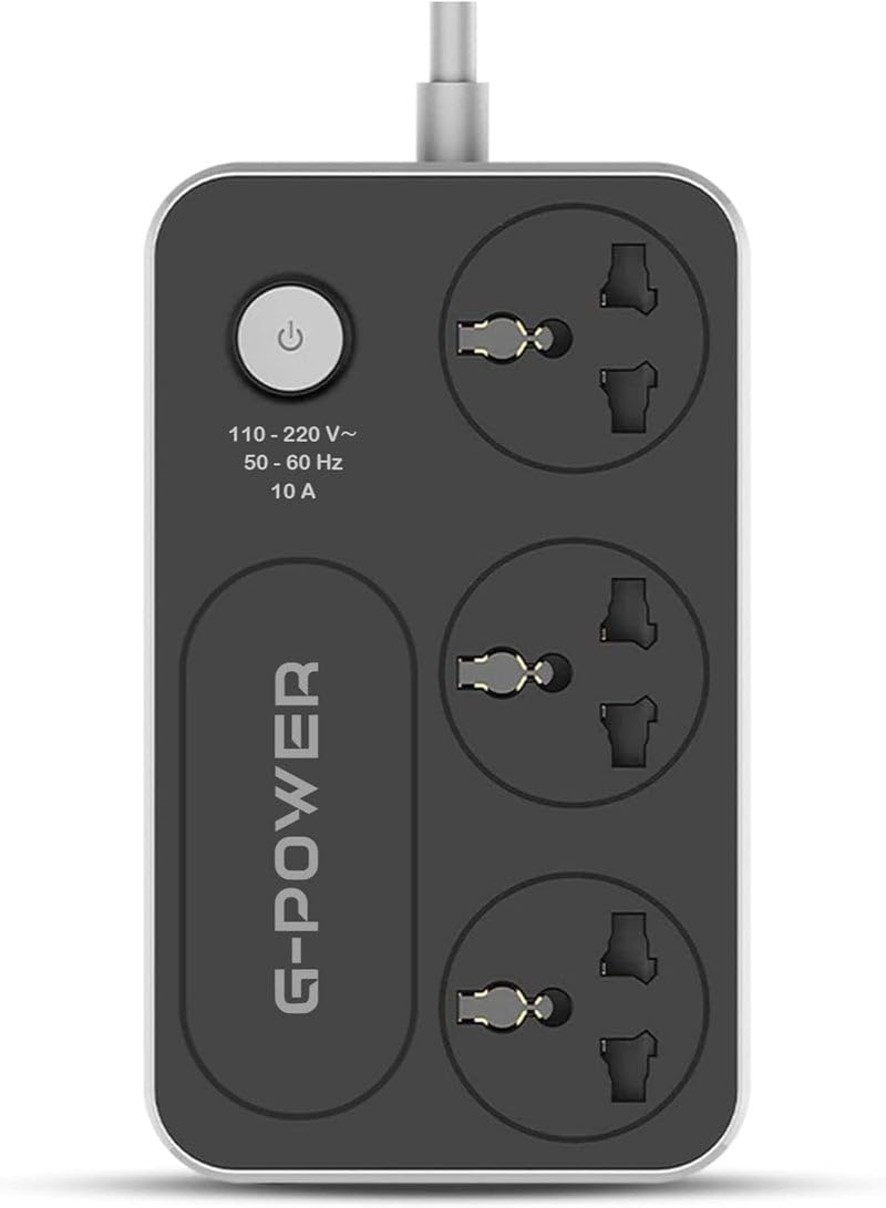 GP344 power strip surge protector 220v with 3 universal international socket and locker 10a - Black Grey