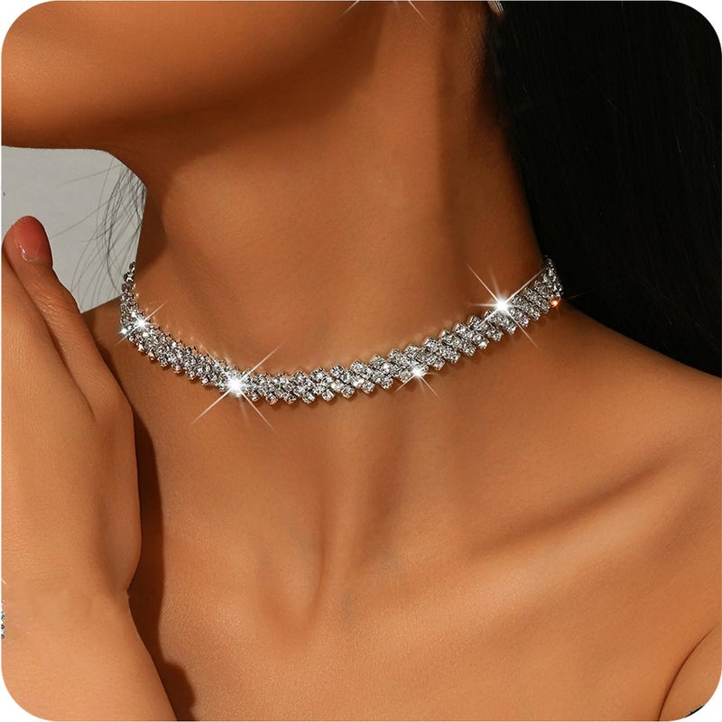 PINCHUAN Silver Choker Necklaces for Women Rhinestone Choker Diamond Choker Necklace Womenâ€™s Silver Prom Necklace Sparkly Crystal Rhinestone Choker for Prom Party Jewelry Gift-Silve/LX - Image 3