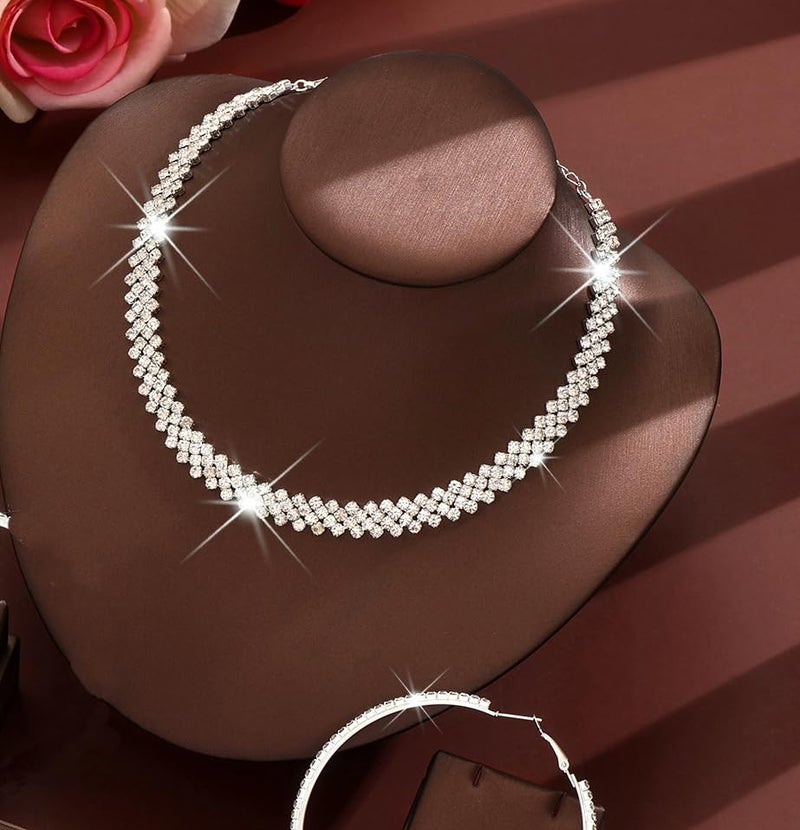 PINCHUAN Silver Choker Necklaces for Women Rhinestone Choker Diamond Choker Necklace Womenâ€™s Silver Prom Necklace Sparkly Crystal Rhinestone Choker for Prom Party Jewelry Gift-Silve/LX - Image 5