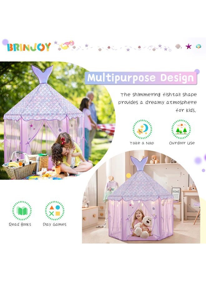 BRINJOY خيمة أميرة للفتيات مع أضواء، خيمة لعب كبيرة على شكل قلعة مع حقيبة حمل وملصقات وقمة ذيل سمكة قابلة للفصل، داخلية وخارجية، 67”x55” هدية للأطفال في موضوع المحيط لعمر 3 سنوات فما فوق - Image 3