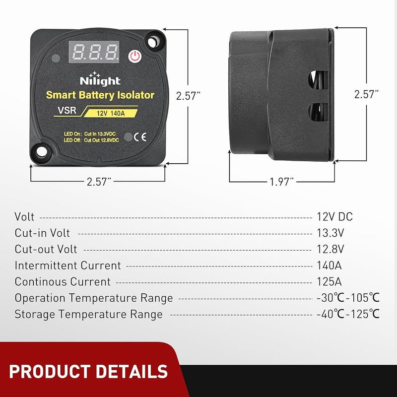 Nilight 12V 140AMP Dual Battery Isolator Auto Manual Voltage Sensitive Relay with Digital Voltmeter Smart VSR Automatic Charger Disconnect w/Voltmeter for Truck RV UTV Boat Can-Am, 2 Years Warranty - Image 4
