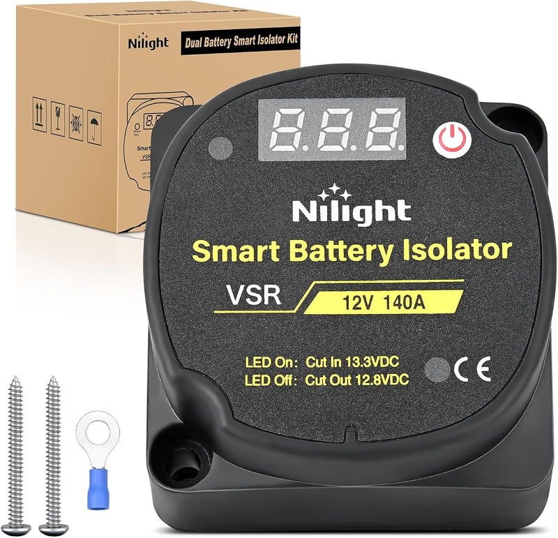 Nilight 12V 140AMP Dual Battery Isolator Auto Manual Voltage Sensitive Relay with Digital Voltmeter Smart VSR Automatic Charger Disconnect w/Voltmeter for Truck RV UTV Boat Can-Am, 2 Years Warranty - Image 1