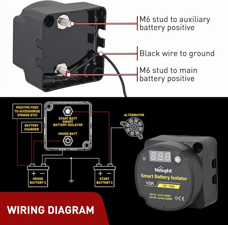 Nilight 12V 140AMP Dual Battery Isolator Auto Manual Voltage Sensitive Relay with Digital Voltmeter Smart VSR Automatic Charger Disconnect w/Voltmeter for Truck RV UTV Boat Can-Am, 2 Years Warranty - Image 3