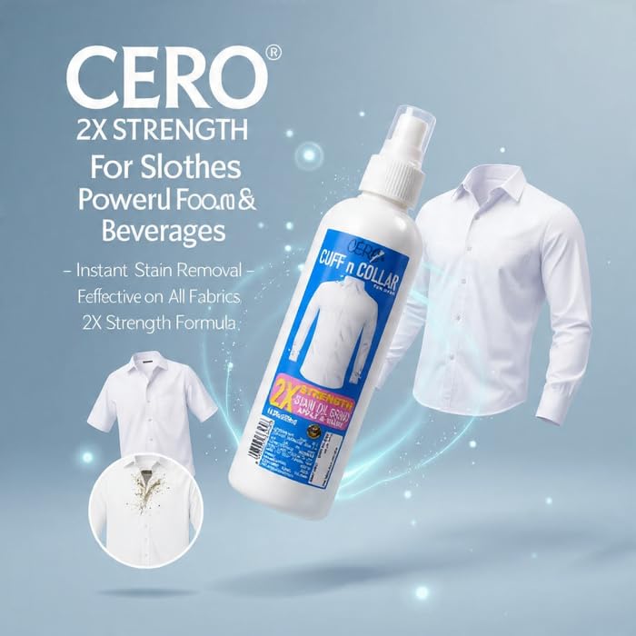 CERO® 2X Strength Cuff & Collar Pre Wash Dirt and Instant Stain Remover for Clothes, Food & Beverages Powerful Stain Removal, Effective on All Fabrics, 2X Strength Formula - 200ml - Image 2