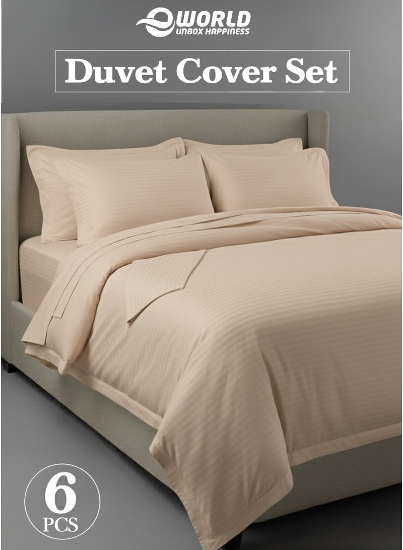 Eworld Premium Striped Duvet Set All Season – 6-Pieces Set Cream | King Size 220x240 cm | Ultra-Soft, Wrinkle-Resistant & Made in Dubai | Includes Duvet Cover, Fitted Sheet (200x200 cm) & 4 Pillowcases (50x70 cm) - Image 1