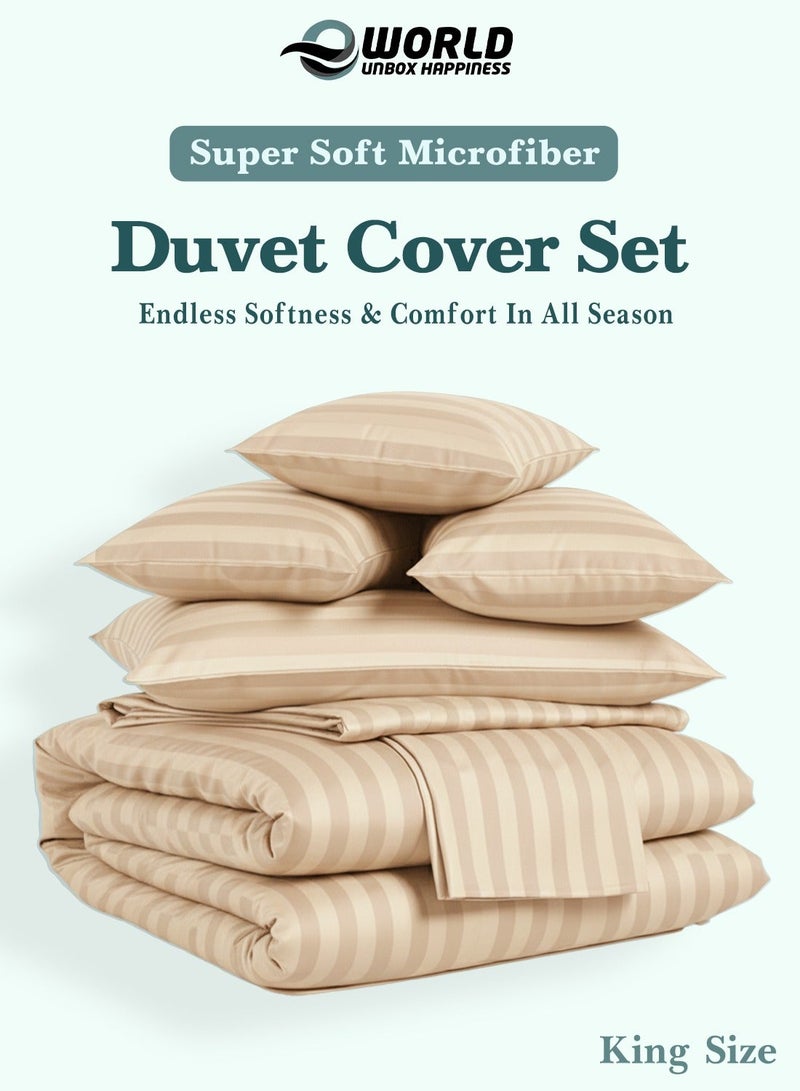Eworld Premium Striped Duvet Set All Season – 6-Pieces Set Cream | King Size 220x240 cm | Ultra-Soft, Wrinkle-Resistant & Made in Dubai | Includes Duvet Cover, Fitted Sheet (200x200 cm) & 4 Pillowcases (50x70 cm) - Image 2