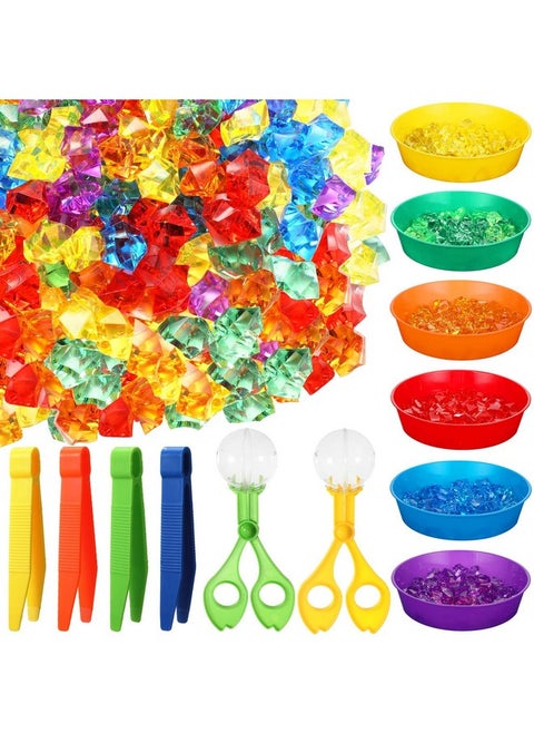 132 Pcs Tweezers For Kids Fine Motor Bulk Fine Motor Toys 120 Acrylic Multicolored Fake Crushed Ice Rock Gems 4 Tweezers 2 Scissors Clips 6 Cups For Sorting Counting Training Development