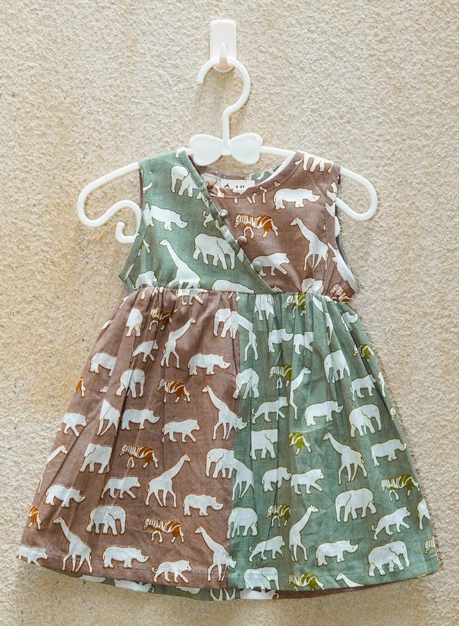 Cuddly Cubs Dual Tone Cotton Safari Frockfor kids| Green & Brown frock for girls|Size:18-24 Months - Image 5