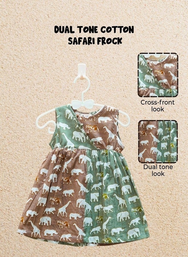 Cuddly Cubs Dual Tone Cotton Safari Frockfor kids| Green & Brown frock for girls|Size:18-24 Months - Image 2