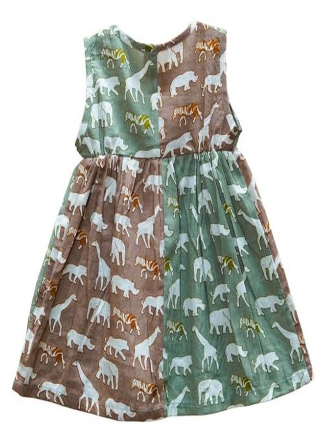 Cuddly Cubs Dual Tone Cotton Safari Frockfor kids| Green & Brown frock for girls|Size:18-24 Months - Image 1