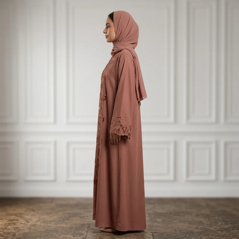 Nukhbaa  Muted Rose Appliqué Lace-Bordered Abaya-955 for Women | Best Price UAE