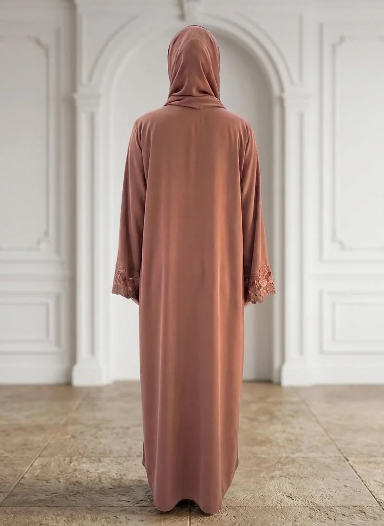 Nukhbaa  Muted Rose Appliqué Lace-Bordered Abaya-955 for Women | Best Price UAE