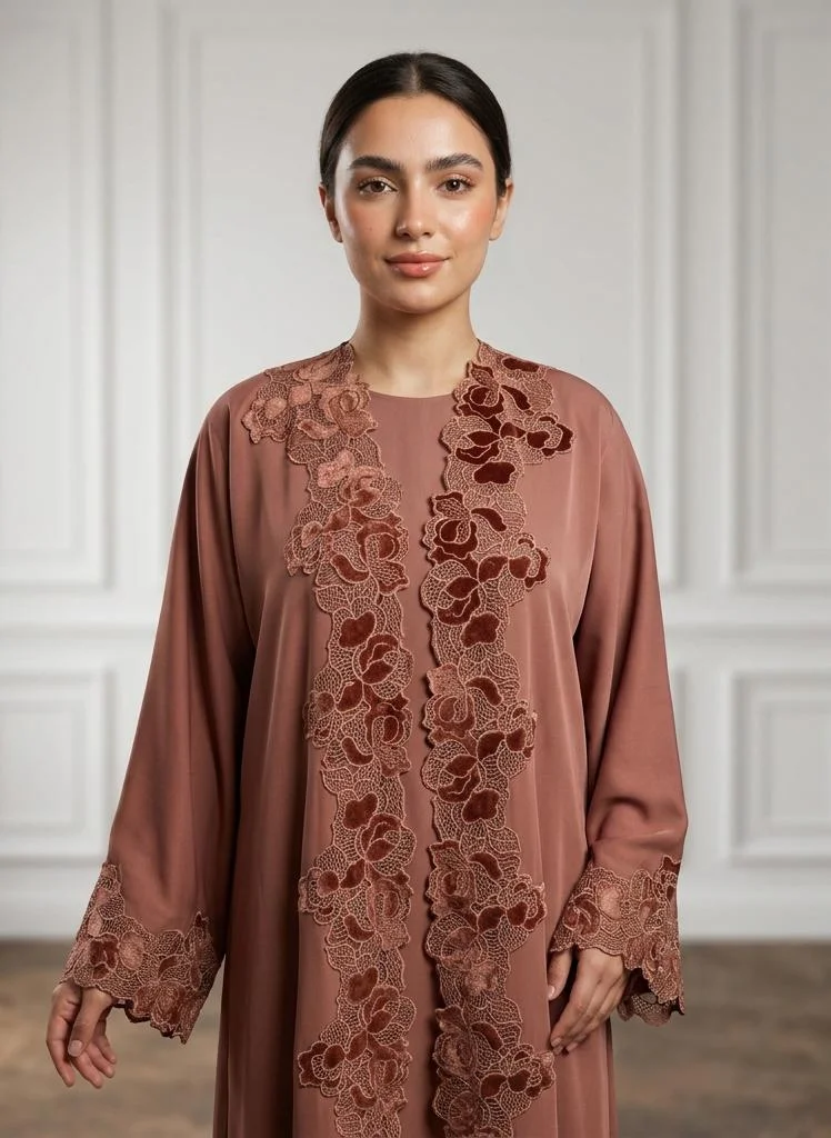 Nukhbaa  Muted Rose Appliqué Lace-Bordered Abaya-955 for Women | Best Price UAE
