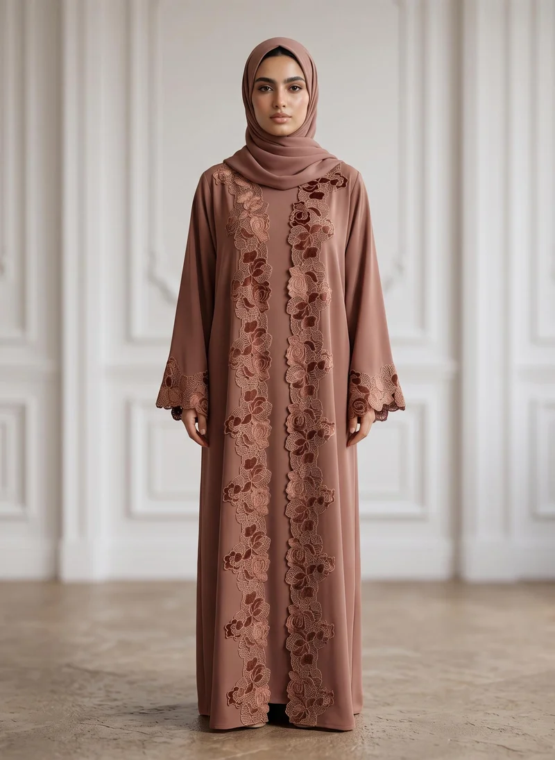 Muted Rose Appliqué Lace-Bordered Abaya-955