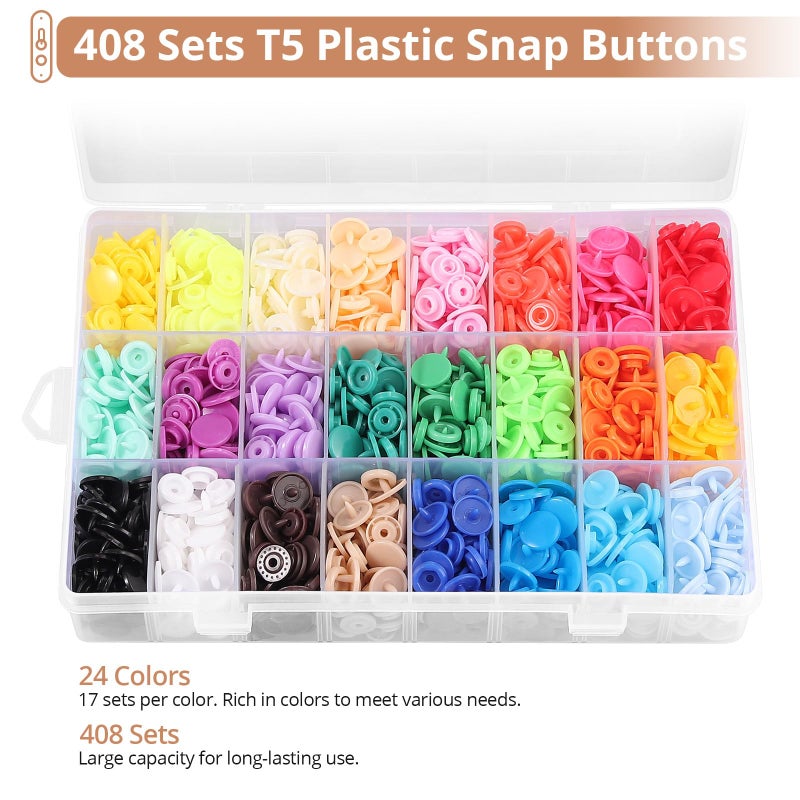 Kamtop Snaps and Snap Pliers Set, 408 Sets T5 Plastic Snap Buttons 24 Colors, Snap Fasteners Snap Press Pliers Snaps Starter Kit Snap Setter Tool for Clothes Sewing Bibs Rain Coat DIY Crafting - Image 4