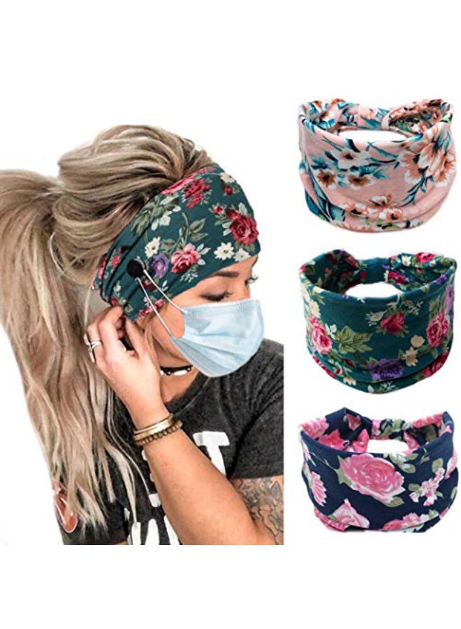 Bohend Boho Button Headbands with Mask Buttons Wide Stretchy Knotted Headwear for Women Girls 3 Pack Soft Cotton Hair Accessories for Yoga Gym Sports Daily Wear - Image 1