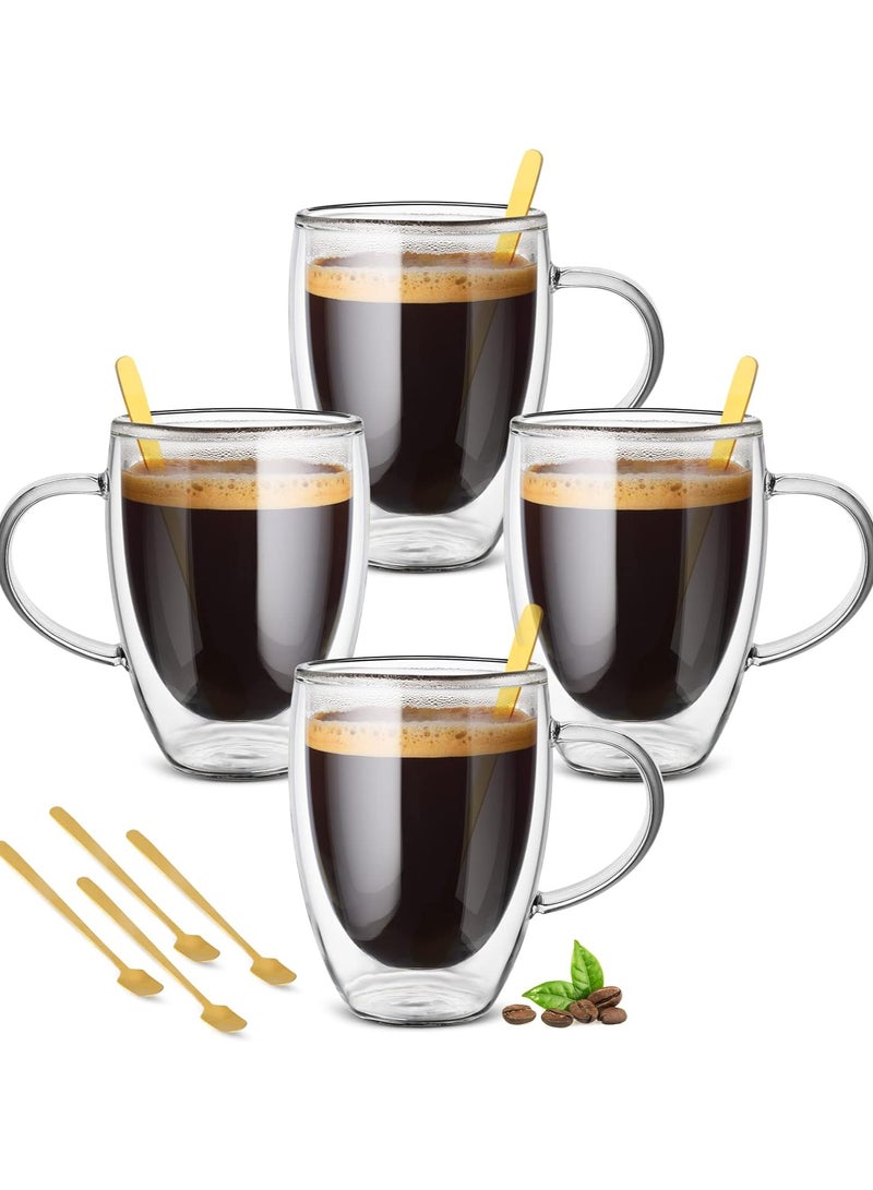 Cappuccino Glass Mugs, (Set of 4) 350ml Double Walled Espresso Mug Cups Glass Mug Set with 4 Golden Spoon, Drinking Coffee Cups with Handle, Clear Glass Mugs for Latte, Cappuccino, Tea Bag, Juice
