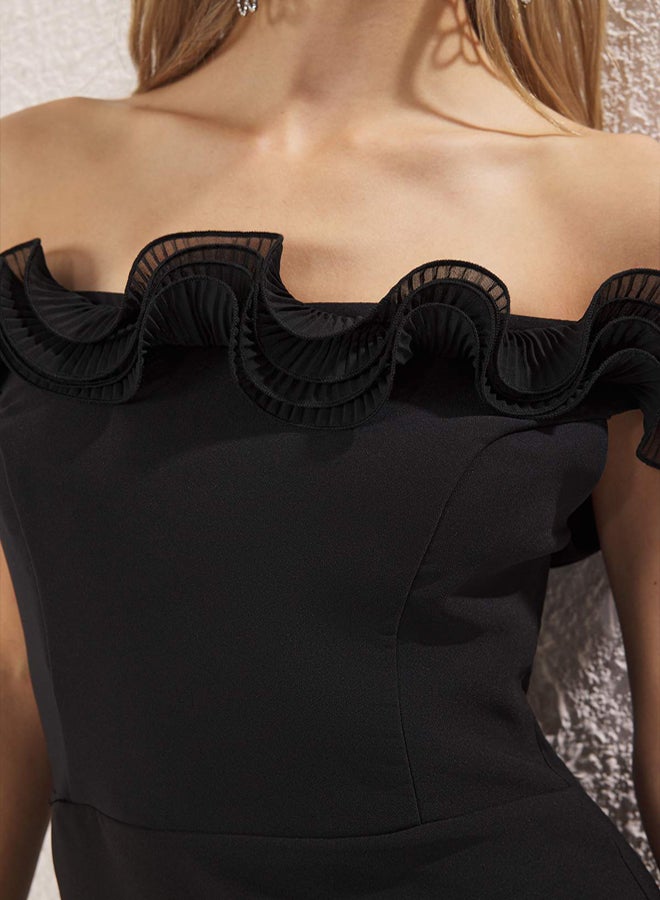 trendyol Black Body-Smoothing Carmen Collar Ruffle Woven Midi Dress - Image 4