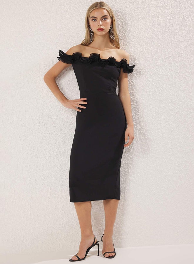trendyol Black Body-Smoothing Carmen Collar Ruffle Woven Midi Dress - Image 1