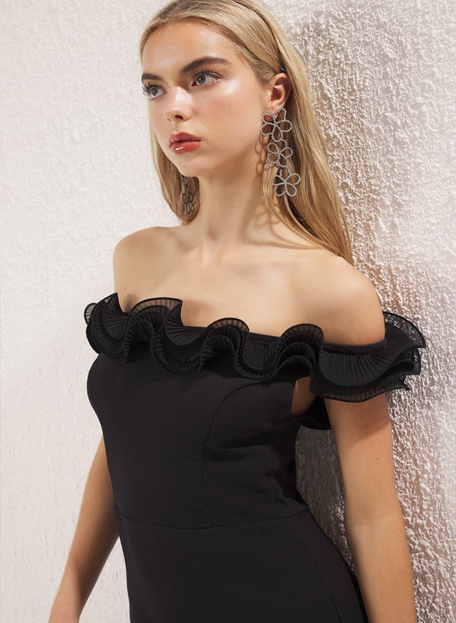 trendyol Black Body-Smoothing Carmen Collar Ruffle Woven Midi Dress - Image 3