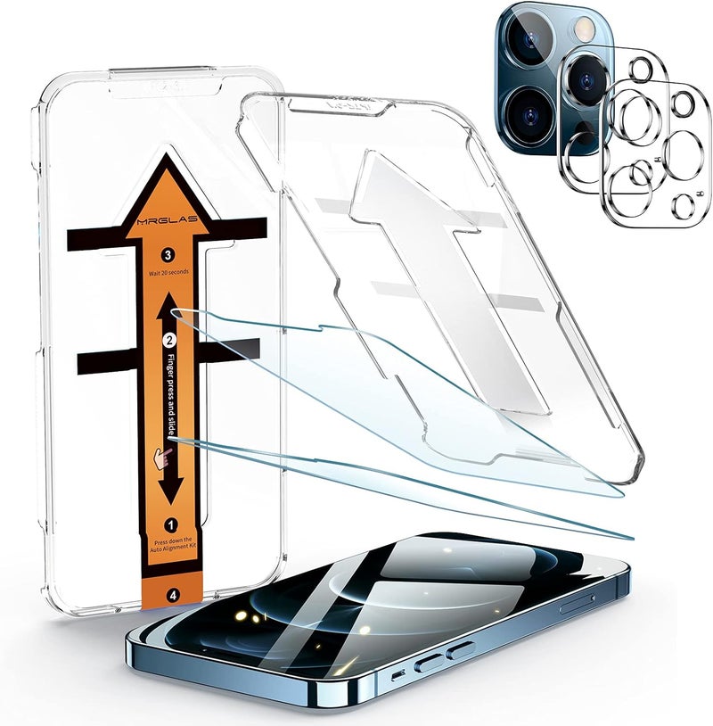 MRGLAS 2+2 Packs Screen Protector for iPhone 12 Pro Max with Camera Lens Protector [9H+ Military-Grade Aerospace Glass][Auto-Alignment Kits] Shatterproof Tempered Glass Film for 12 Pro Max 6.7" Zero-Bubble - Image 1