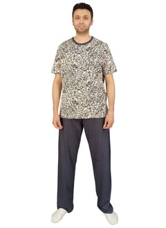 Jet Men Summer Pajama Set Printed Top & Plain Bottom -Beige  - Image 1